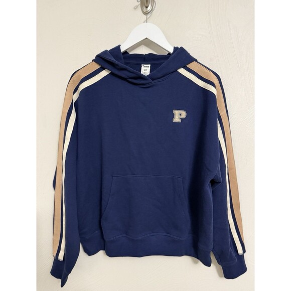Victoria's Secret Tops - Victoria’s Secret Pink Midnight Navy Tan & Ecru Stripes Hooded Pullover Sz Small